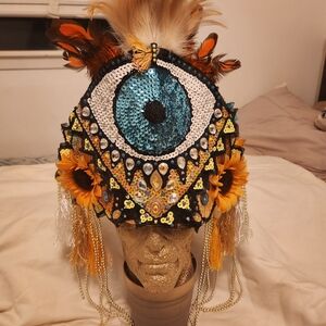 Sequin Eye Headpiece with Feathers and Sunflowers
